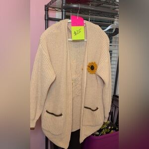 Plus Size Cream Open-Front Knit Cardigan with Sunflower Detail